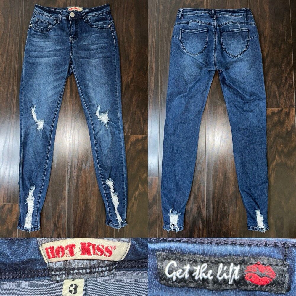 Hot Kiss Jeans Women’s 3 Booty Lift Stretch Distressed Dark Wash